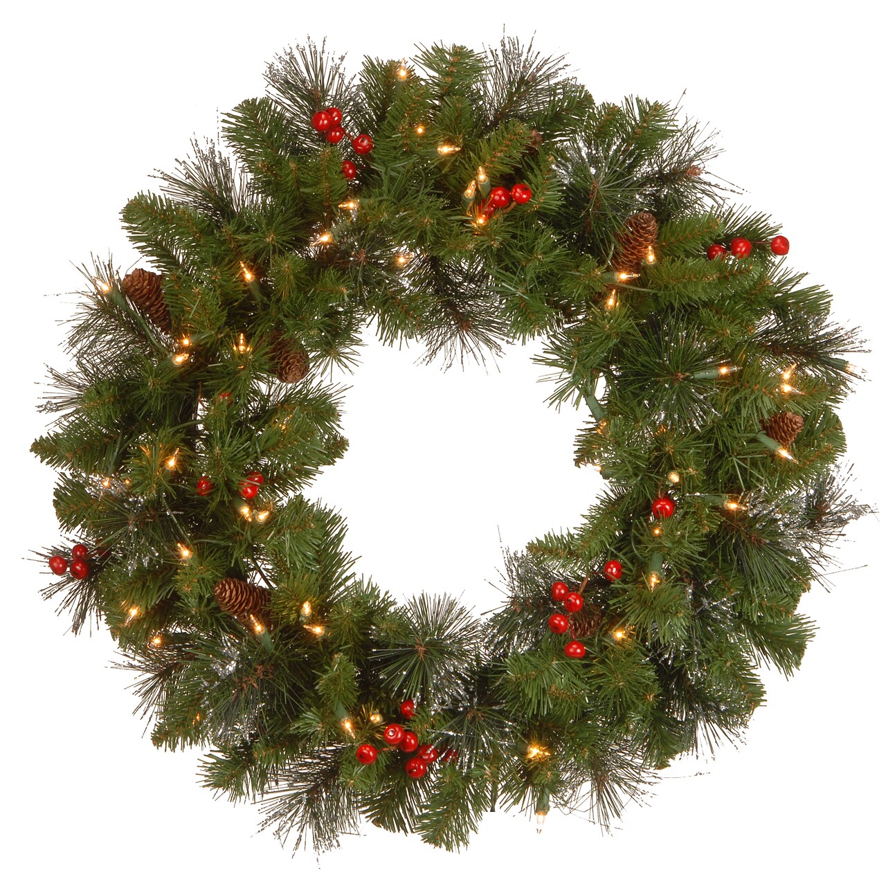 National Tree Company Pre-Lit Artificial Christmas Wreath, Green, Crestwood® Spruce , Clear Lights, Decorated with Pine Cones, Berry Clusters, 24 Inches